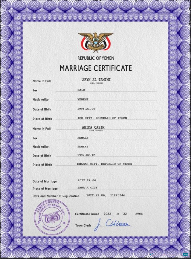Download Yemen marriage certificate PSD template Photoshop template